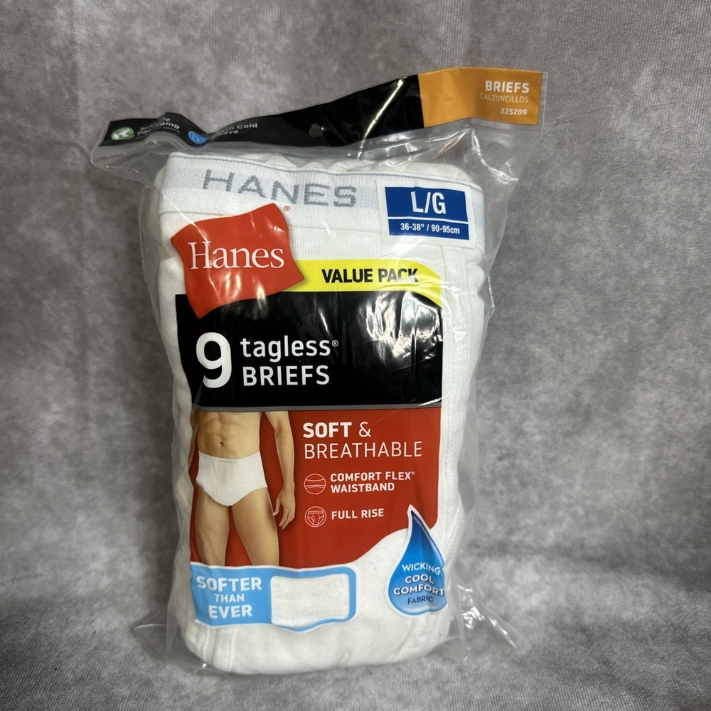 Hanes 9 Tagless Briefs Men's Large 36-38" White‎ Tighty Whities Classic Comfort